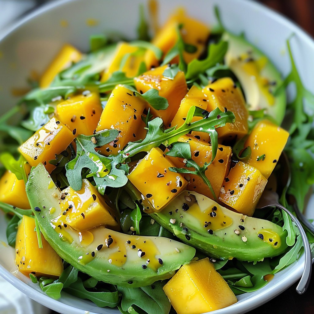 Mango, Avocado, and Arugula Salad with Honey Lime Dressing