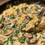 Spinach and Mushroom Orzo Bathed in Creamy Sauce