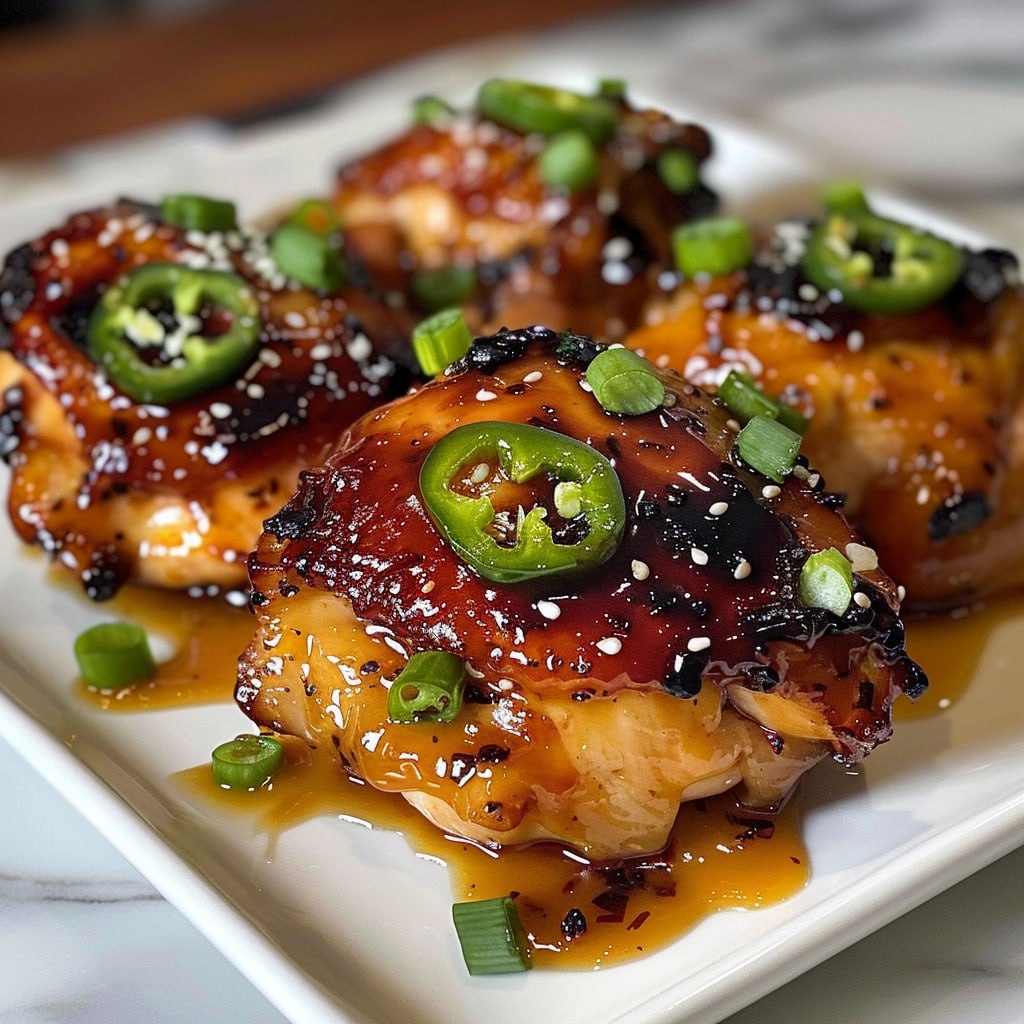 Sweet and Spicy Peach Jalapeño Glazed Chicken Thighs