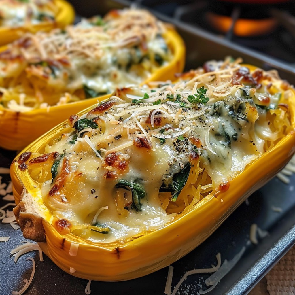 Creamy Three Cheese Garlic Herb Spinach Stuffed Spaghetti Squash