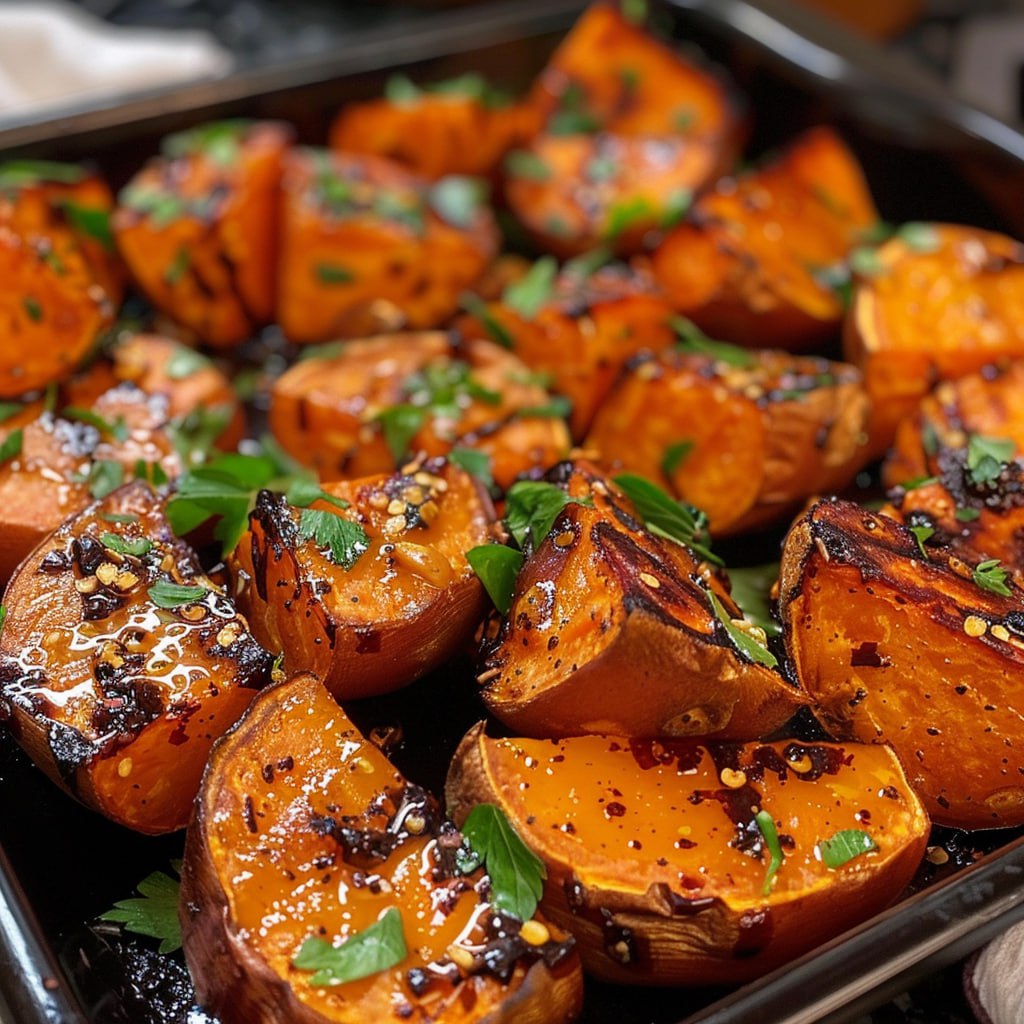 Maple Garlic Butter Roasted Sweet Potatoes