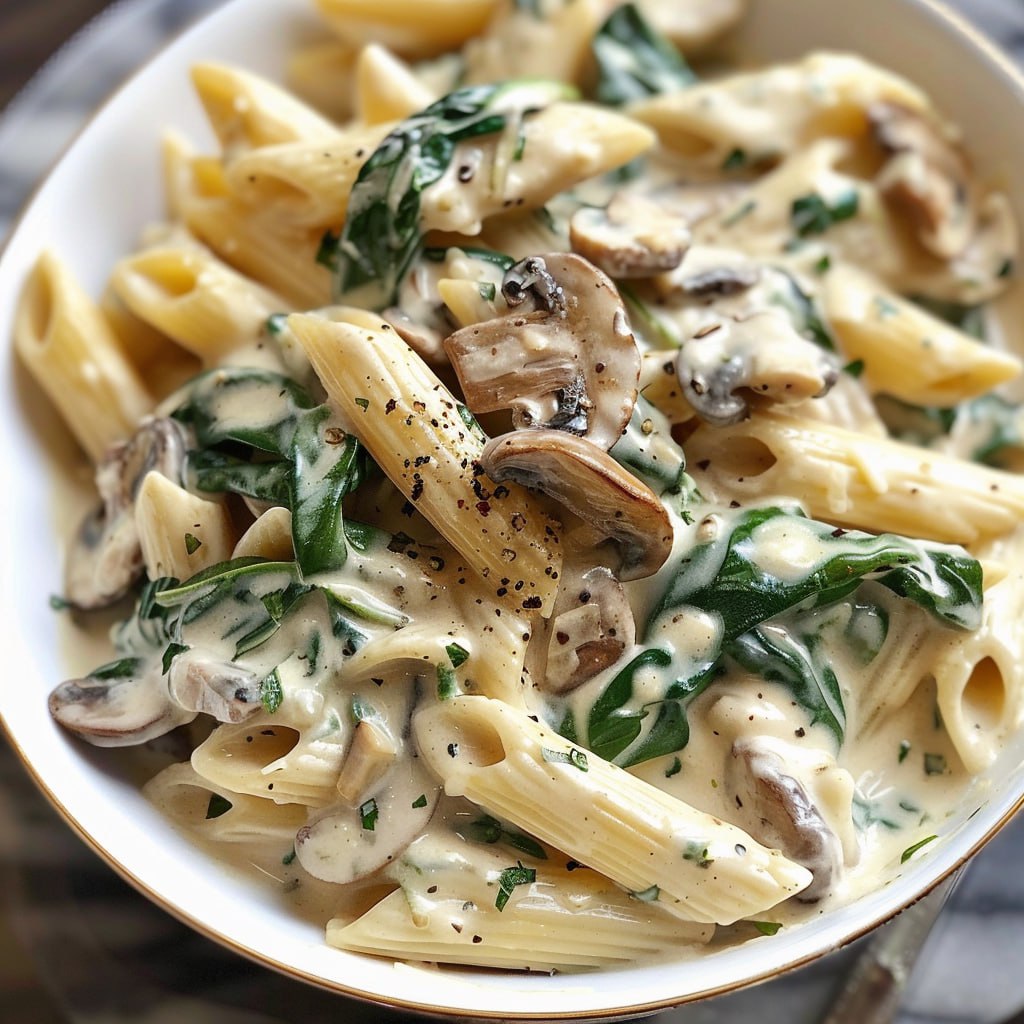 Creamy Spinach Mushroom Penne Pasta